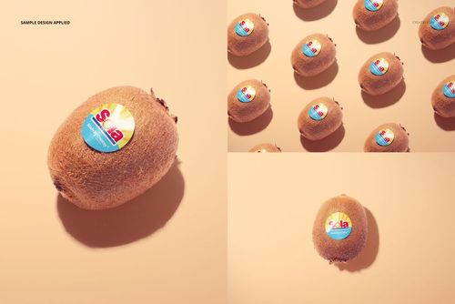 Round fruit sticker mockup featuring kiwis with colorful circular labels, shown in single and multiple arrangements on a beige background.