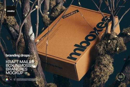 PSD mockup of a rectangular kraft mailer box featuring bold black lettering, placed in a natural branch setting.
