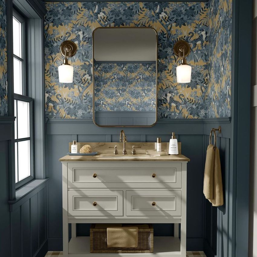 Bathroom mockup showing a white vanity with brass fixtures, a rectangular mirror, and blue floral wallpaper on the walls.