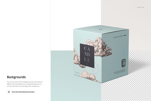 Front view of a cotton wick candle box mockup with light blue color, cloud illustrations, and minimalist design.