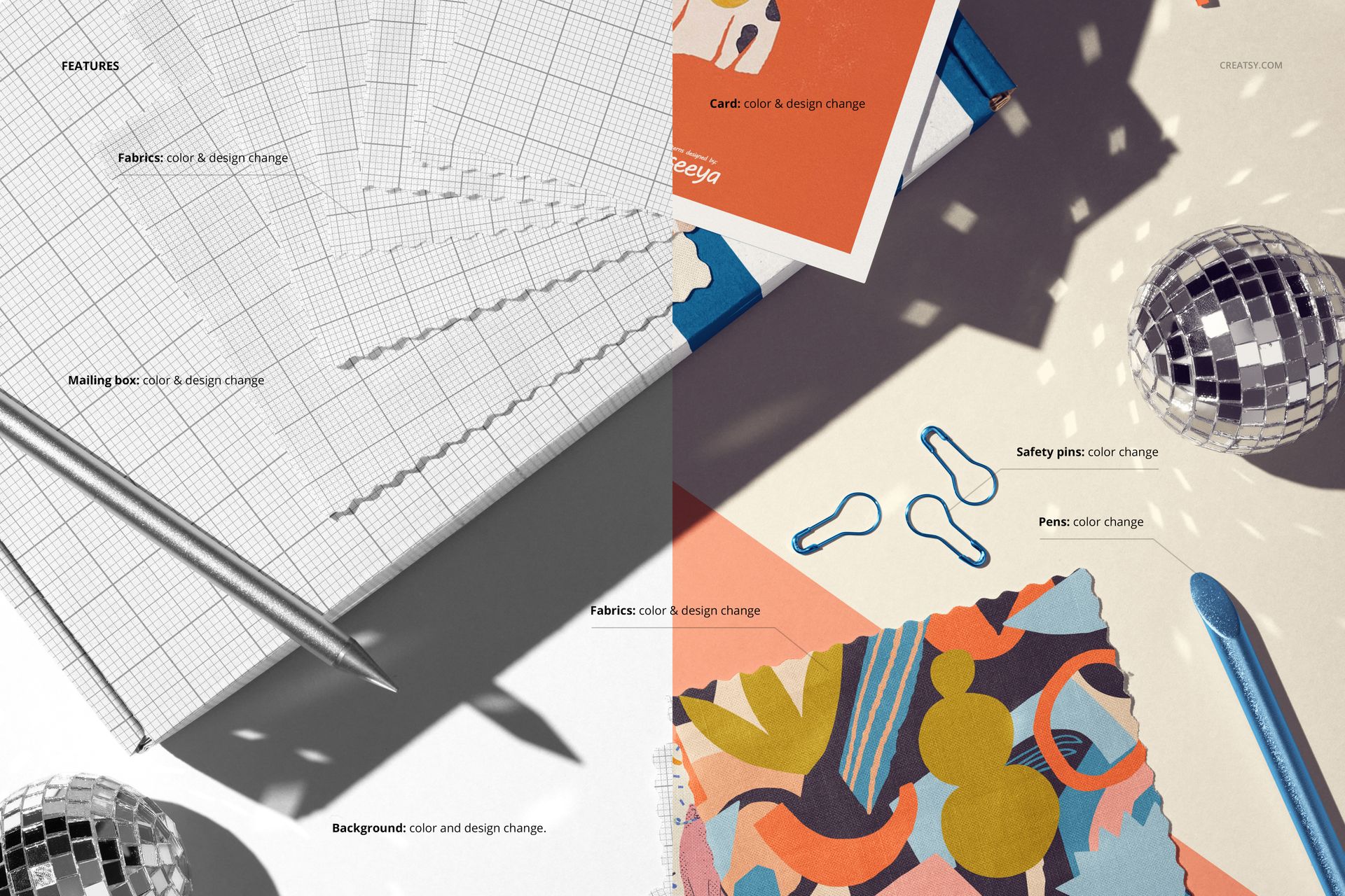 Party-themed cotton swatches mockup shown from above, featuring colorful patterns, disco balls, and stationery.