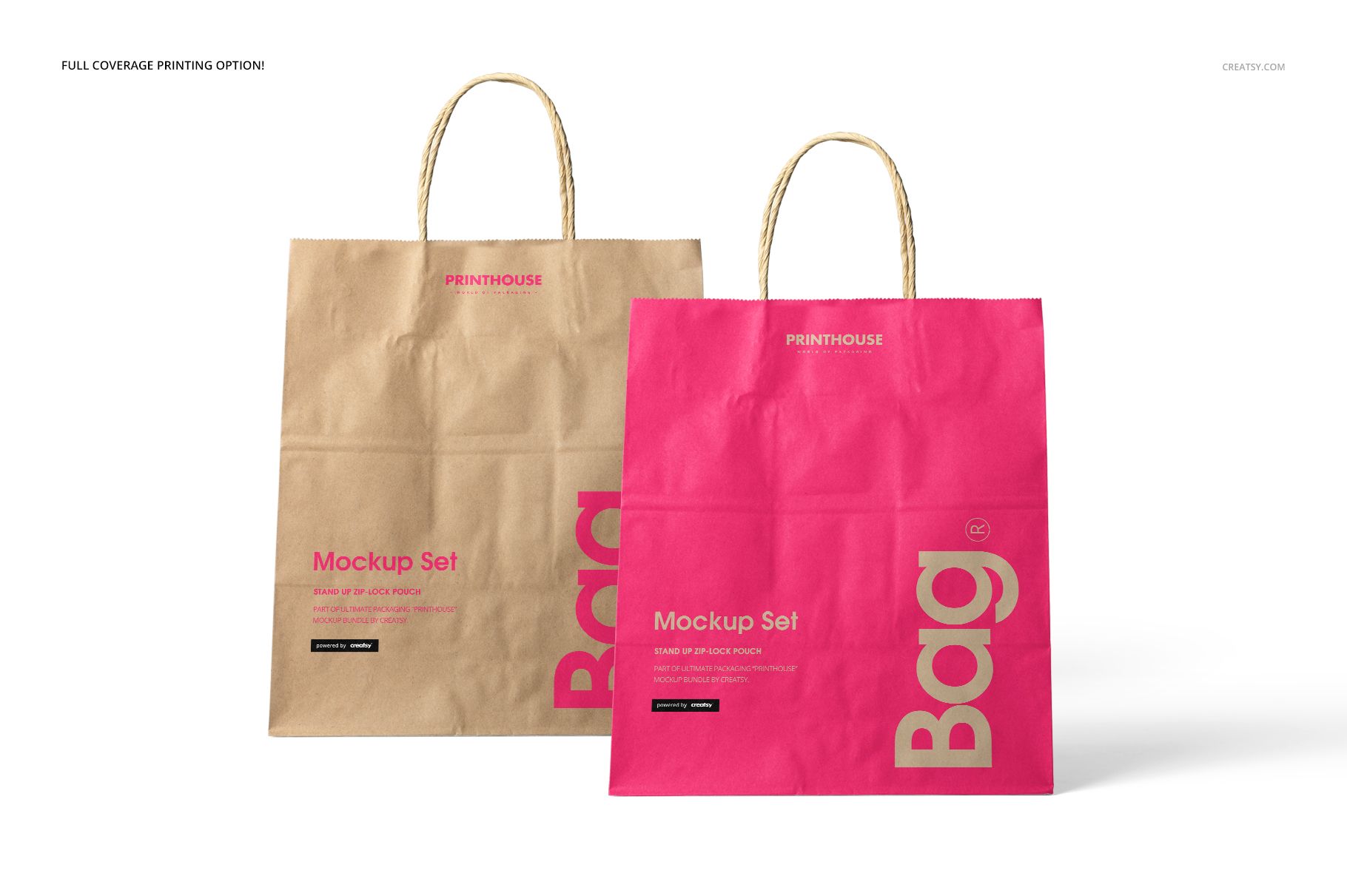 PSD mockup of shopping bags in kraft brown and vivid pink, both upright with handles, set against a plain white backdrop.