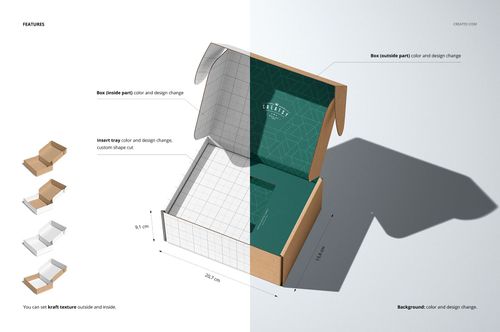 Insert tray mailing box mockup with open lid, kraft texture, and green geometric pattern inside, top-down perspective.