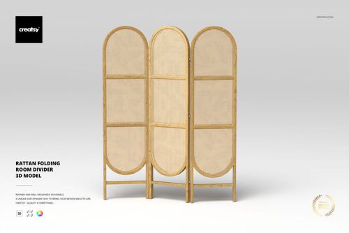 Front view of a rattan folding room divider with three connected panels, natural beige color, on a plain light background.