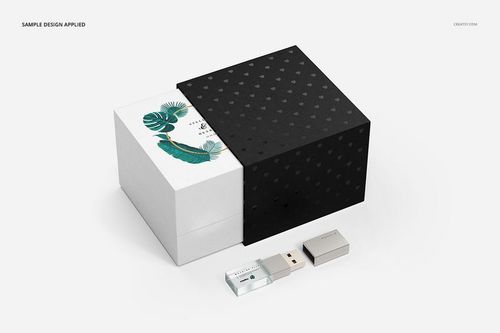 Acrylic USB drive slide box mockup set featuring a black sliding cover, white box with leaf design, and two USB drives.