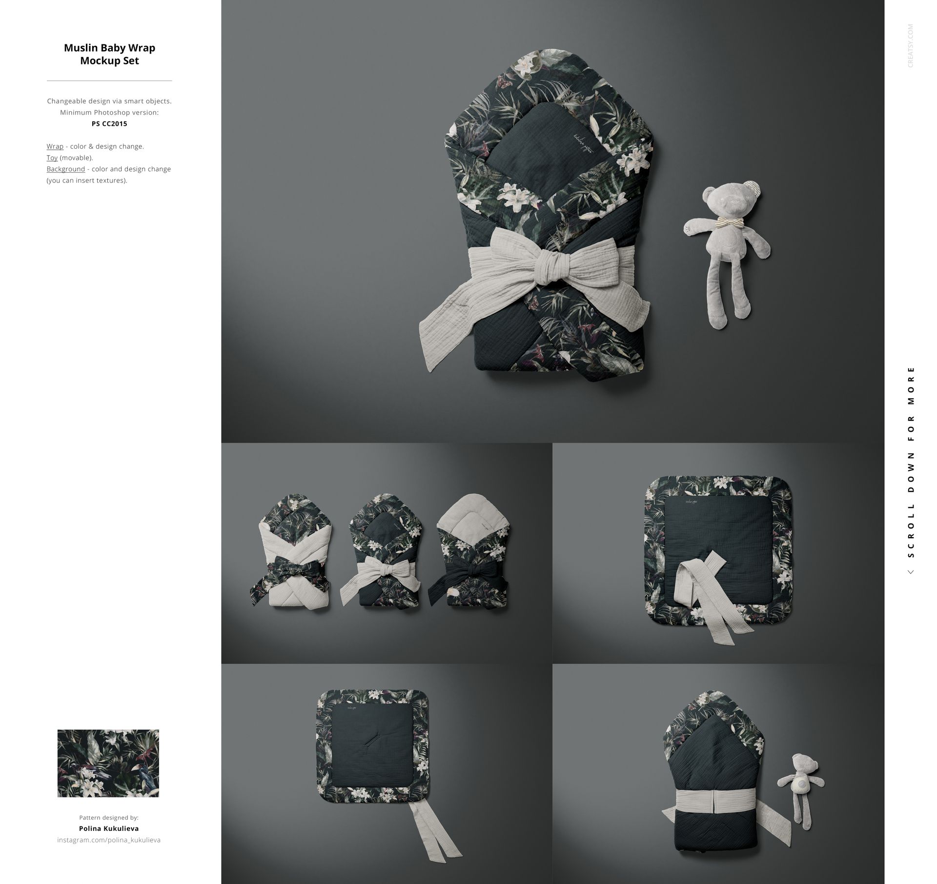 Floral muslin baby wrap mockup set, featuring multiple views and a plush toy, arranged on a neutral surface.
