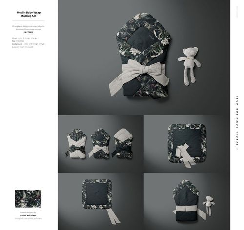 Floral muslin baby wrap mockup set, featuring multiple views and a plush toy, arranged on a neutral surface.