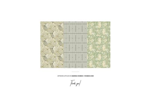 Set of three vertical wallpaper mockup panels featuring leafy and abstract designs in soft neutral colors, straight-on angle.
