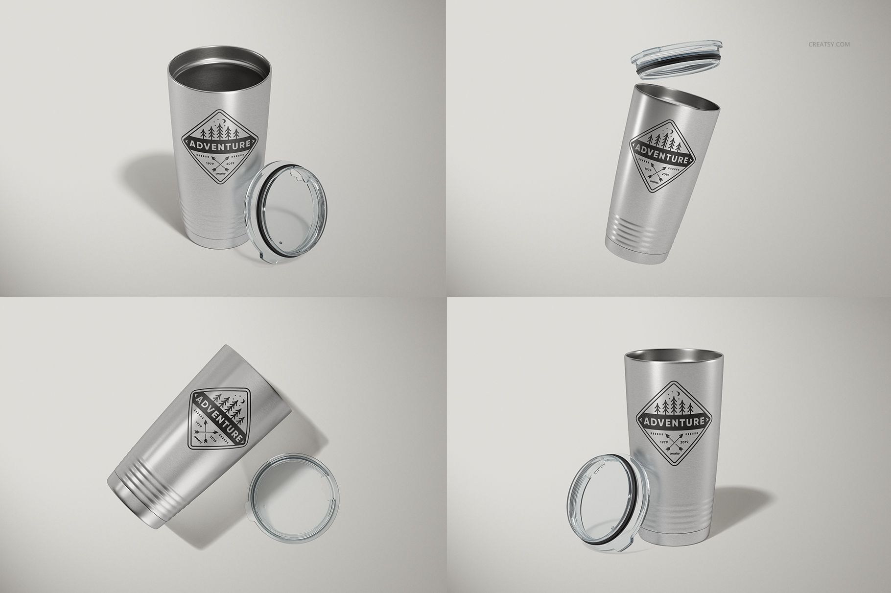 Stainless steel tumbler mockup set showing four views, each with a removable clear lid and a simple geometric logo design.