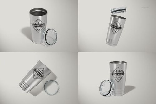 Stainless steel tumbler mockup set showing four views, each with a removable clear lid and a simple geometric logo design.