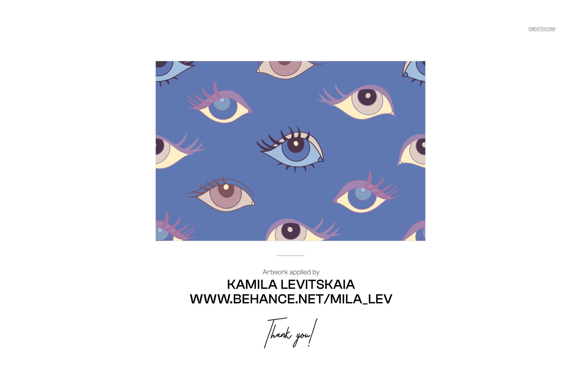 Pattern featuring stylized eyes with lashes in various colors on a blue background, shown in a rectangular layout.