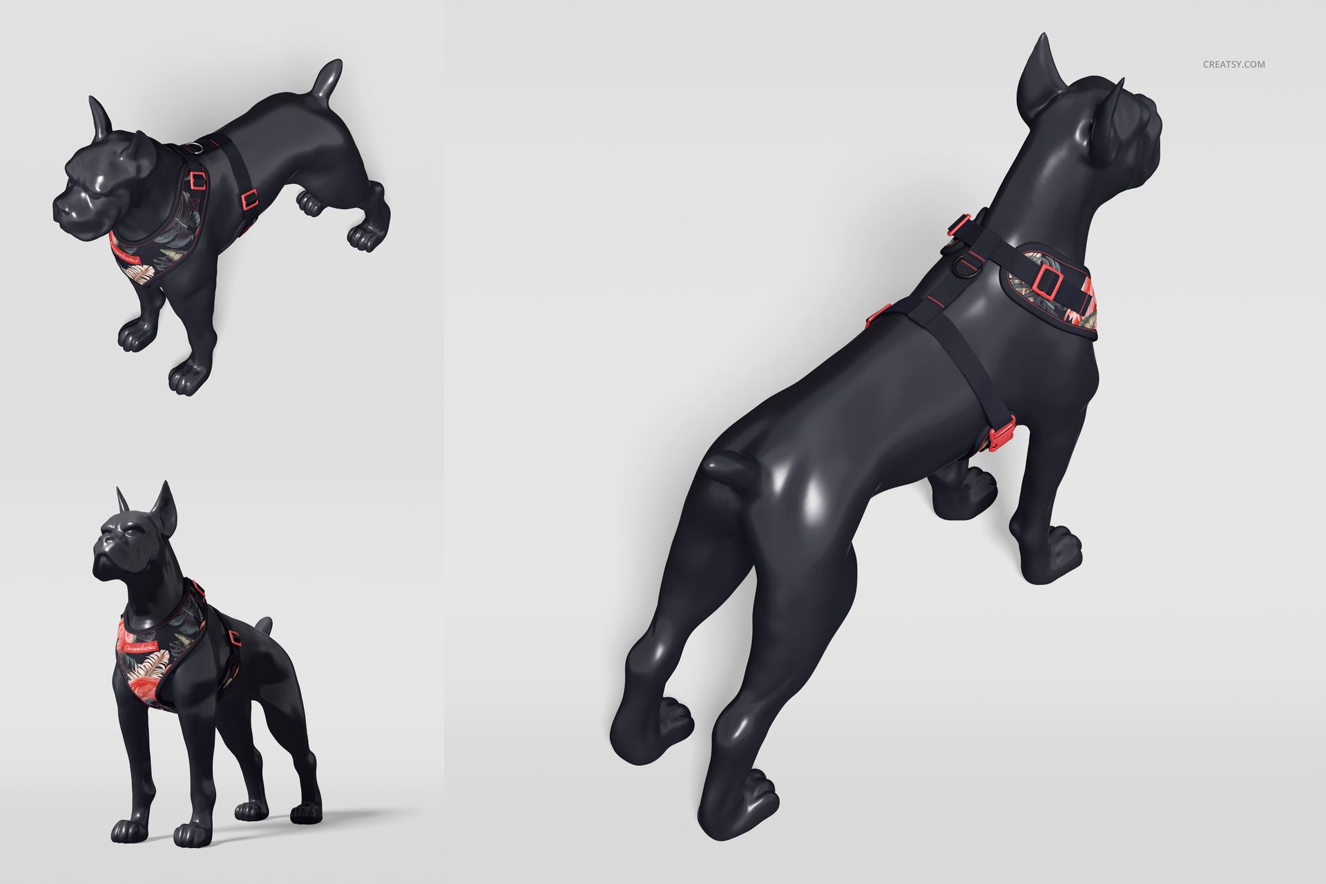 Dog mannequin in a harness mockup, featuring floral patterns and red straps, displayed from multiple perspectives.