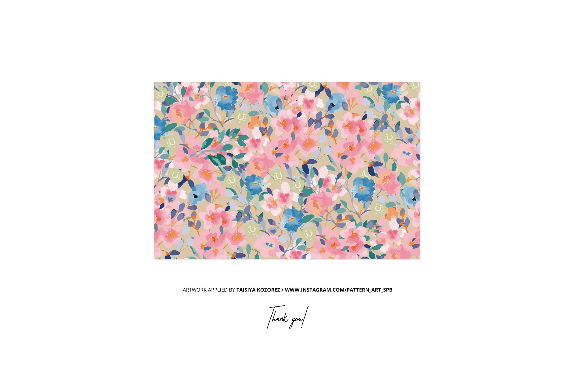 Cotton fabric mockup displayed from above, showing a vibrant floral design with leaves and multicolored blossoms.