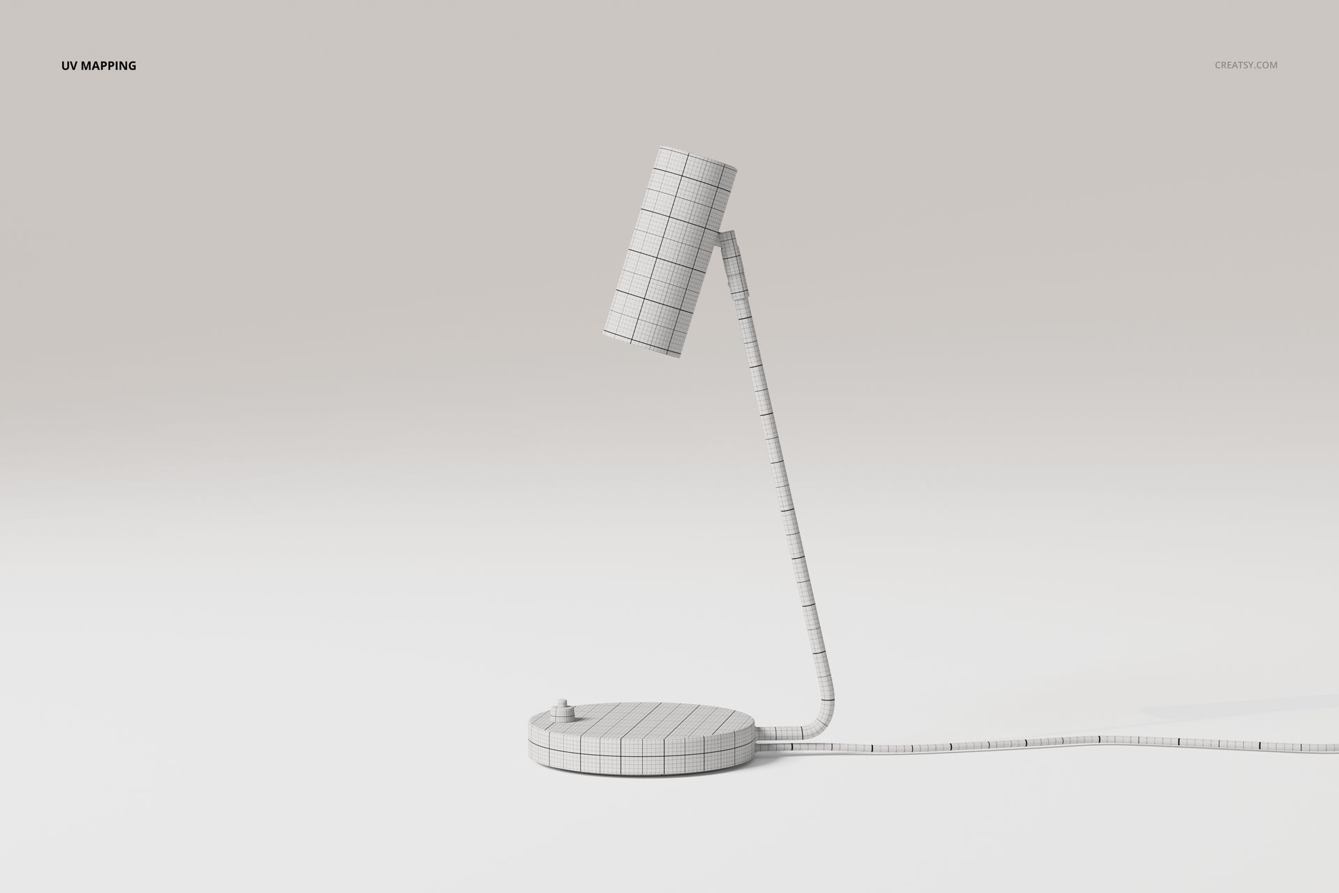 Modern industrial desk lamp 3D model with cylindrical shade, grid texture, and curved arm on a round base.