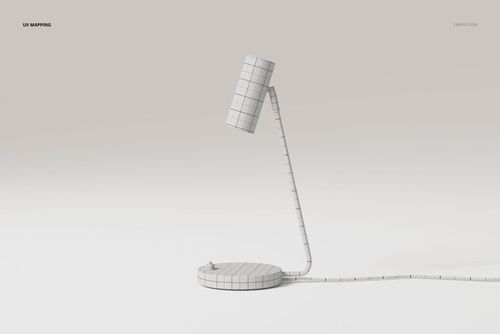 Modern industrial desk lamp 3D model with cylindrical shade, grid texture, and curved arm on a round base.