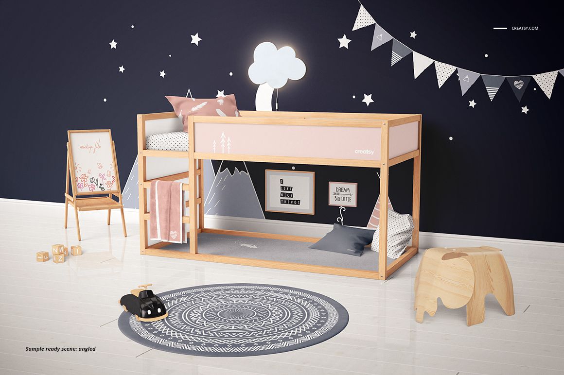 Front view of a children's room mockup with a wooden bunk bed, dark wall, cloud lamp, and decorative accents.