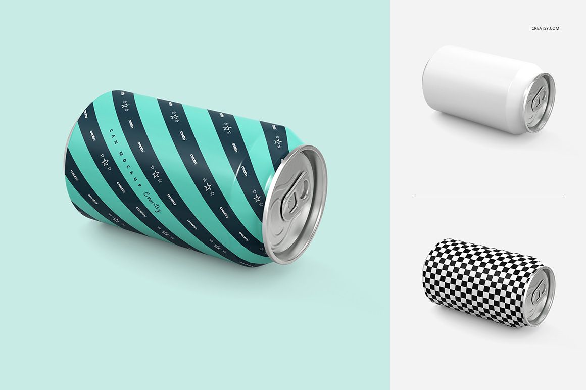 Aluminum can mockup set with three variations, featuring teal stripes, black checkered, and plain white designs.