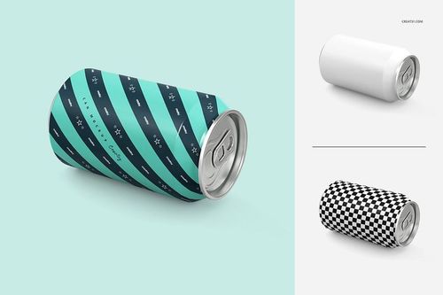 Aluminum can mockup set with three variations, featuring teal stripes, black checkered, and plain white designs.