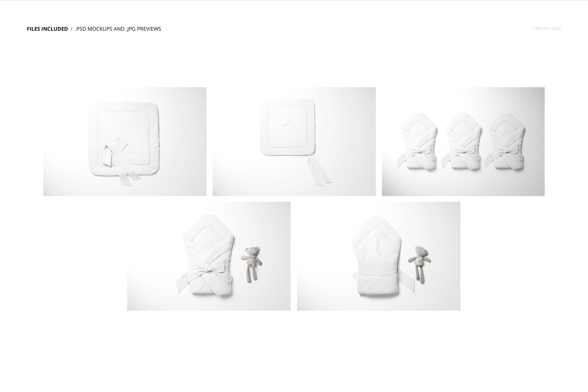 Muslin baby wrap mockup set displayed in various folded and wrapped arrangements on a white background with a plush toy.