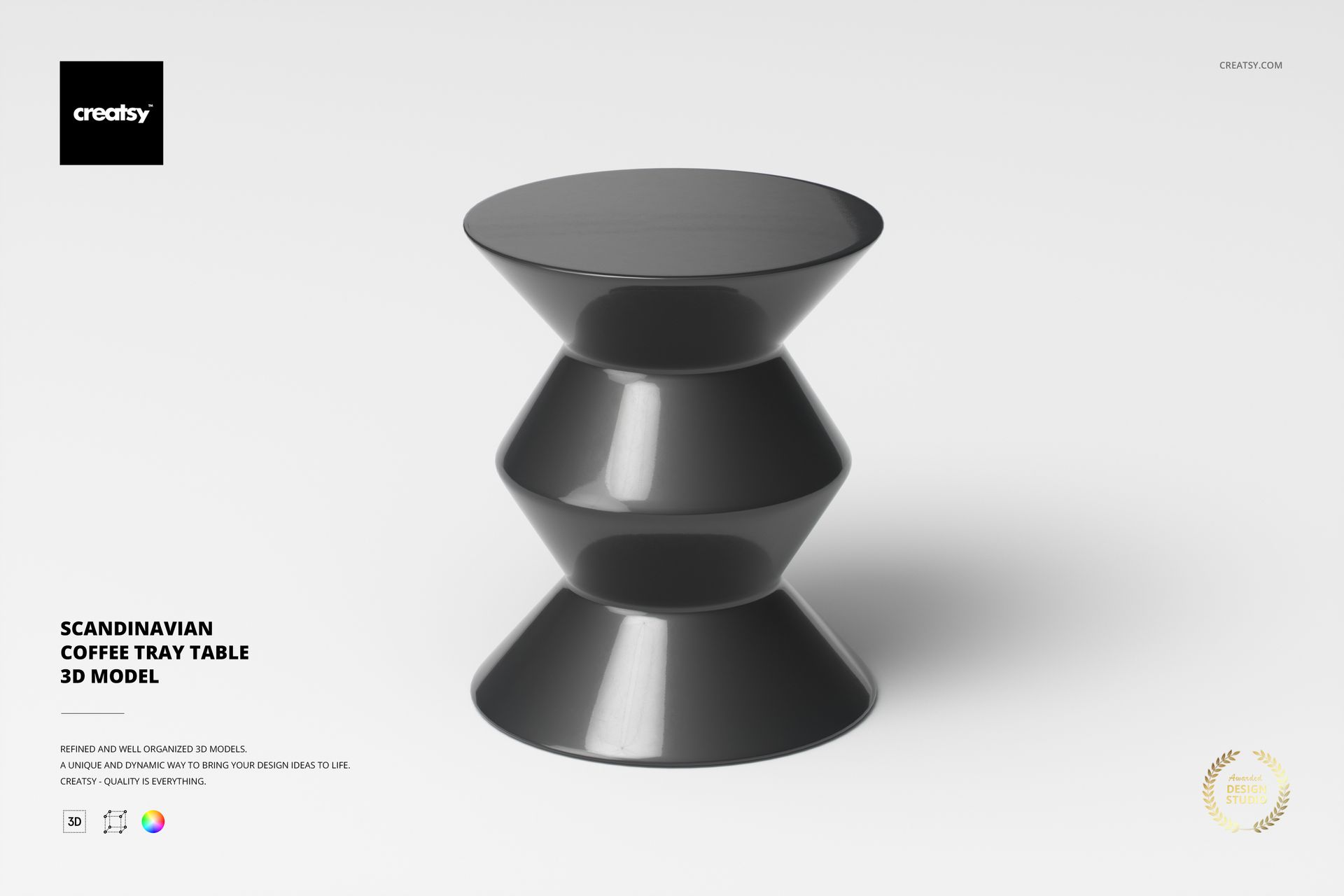 Scandinavian coffee tray table with a glossy black finish, geometric hourglass shape, front view on white background.