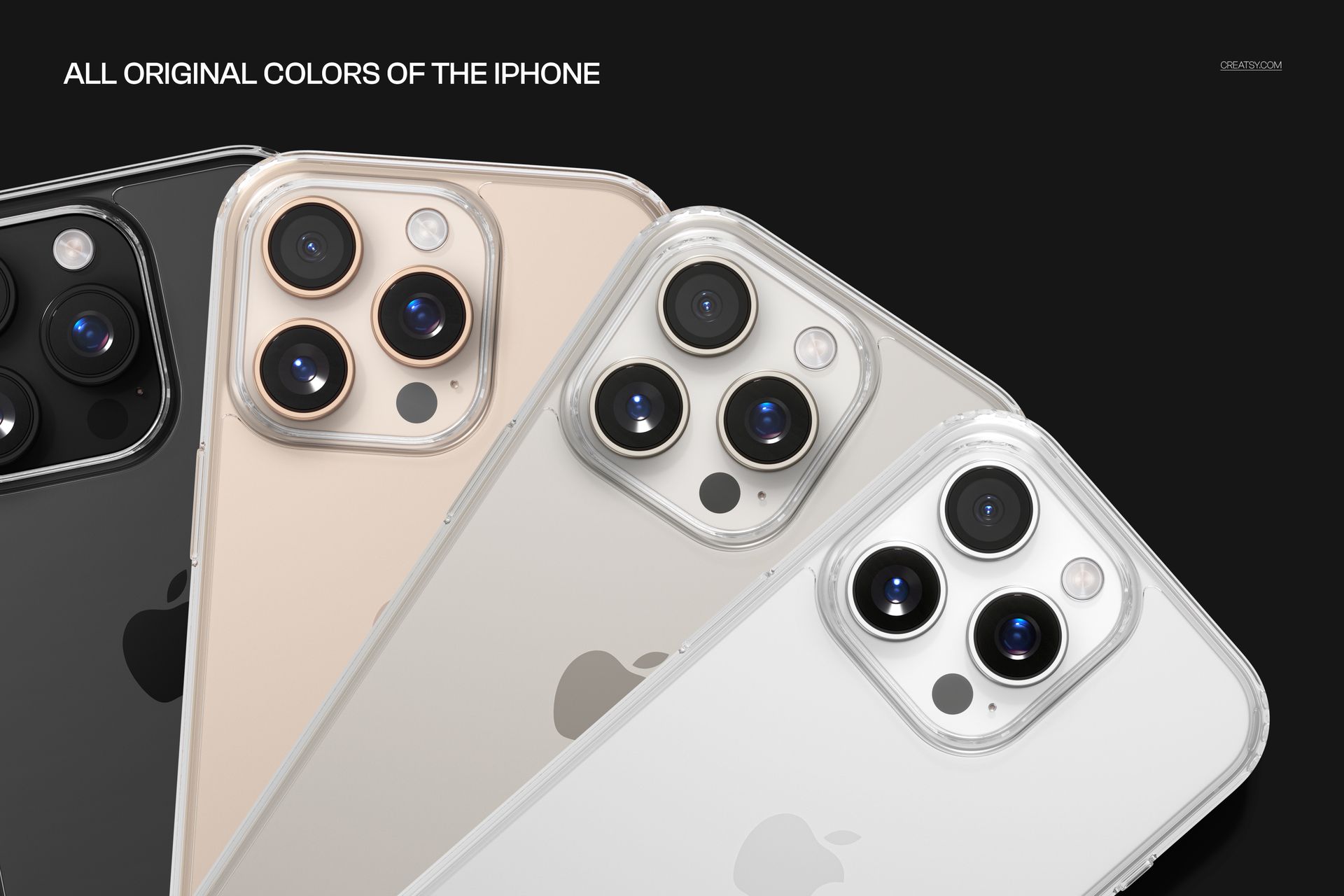 PSD mockup featuring four iPhone 16 Pro Max devices in clear protective cases, angled to emphasize camera modules and color options.