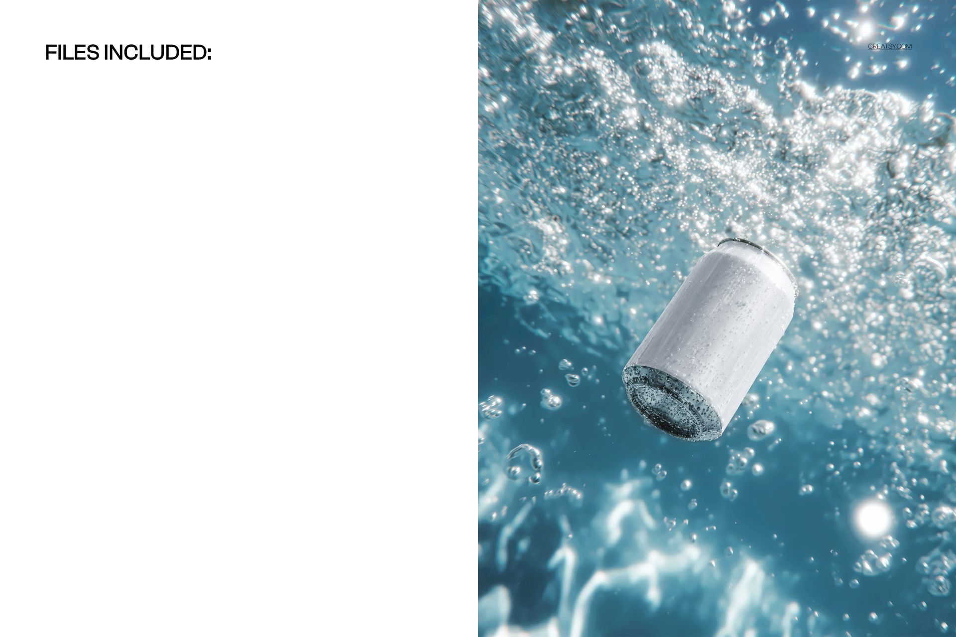 Silver can submerged in sparkling water with bubbles, shown in a realistic PSD mockup from a side perspective.