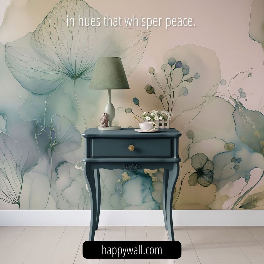 Classic console mockup featuring a vintage blue table with a green lamp, small decor items, and floral wallpaper in soft green tones.