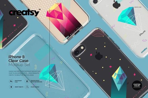PSD mockup of iPhone 8 clear cases with various bright patterns, arranged in a scattered layout on a blue background.