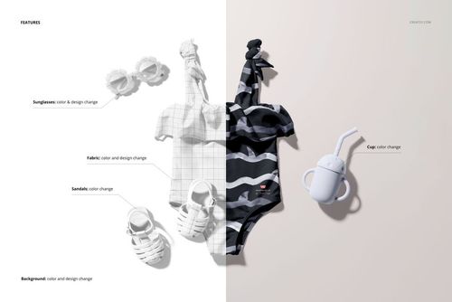 Baby swimsuit mockup set featuring two swimsuits, sandals, sunglasses, and a sippy cup on a split white background.