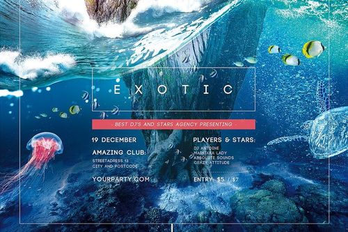 Front view of a poster mockup featuring an underwater ocean scene with fish, a turtle, and vibrant blue water.