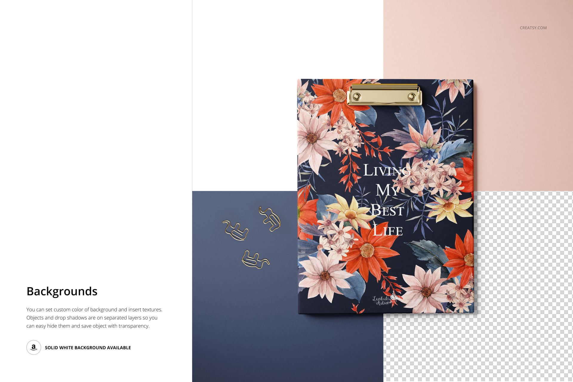 Stationery mockup featuring a clipboard with vibrant red and white flowers, set on a color-blocked surface.