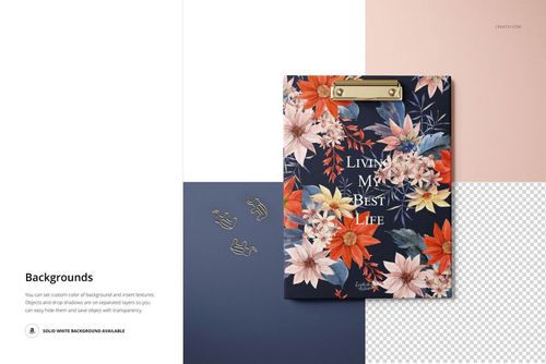 Stationery mockup featuring a clipboard with vibrant red and white flowers, set on a color-blocked surface.