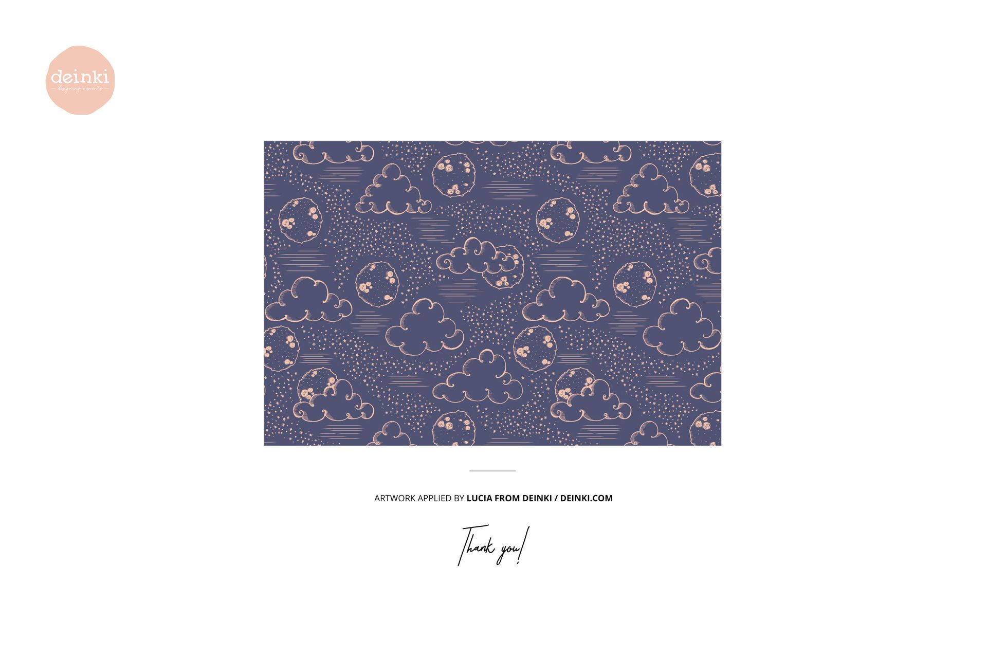 Rectangular mockup scene showing a seamless pattern of clouds and moons in peach on a navy blue background, front view.
