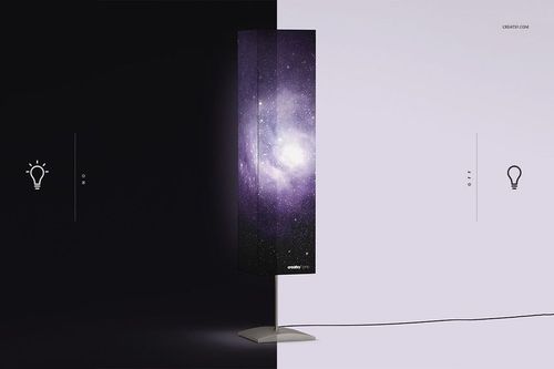 Lampshade mockup featuring a starry night pattern, standing on a metal base, with contrasting split background.