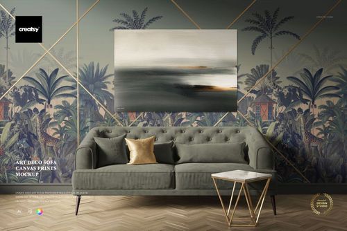 PSD mockup showing a luxurious sofa with a gold cushion, marble side table, and abstract wall art in a stylish interior.