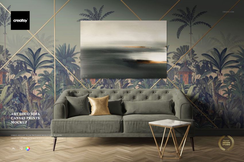 PSD mockup showing a luxurious sofa with a gold cushion, marble side table, and abstract wall art in a stylish interior.
