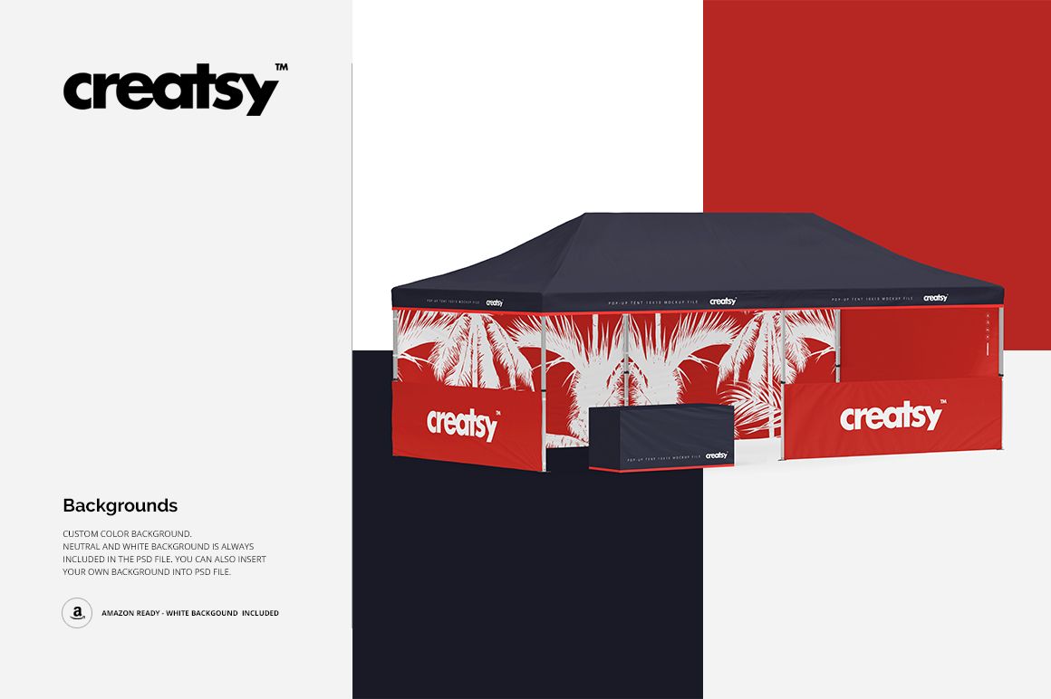 Front-facing pop up tent mockup with dark blue top and red panels displaying white palm tree designs, set against a white backdrop.