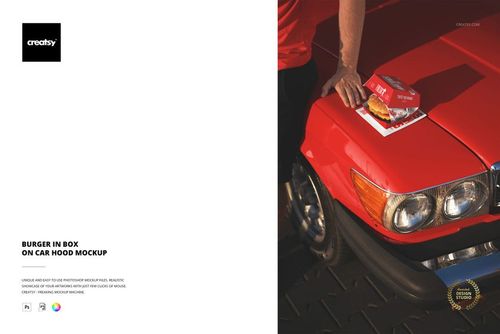 Red burger box mockup displayed on the shiny hood of a vintage red car, with sunlight casting shadows.