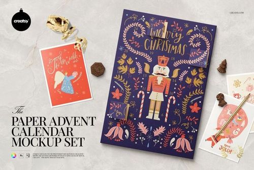 Paper advent calendar mockup featuring festive artwork, open flaps, greeting cards, chocolates, pen, and ribbon.