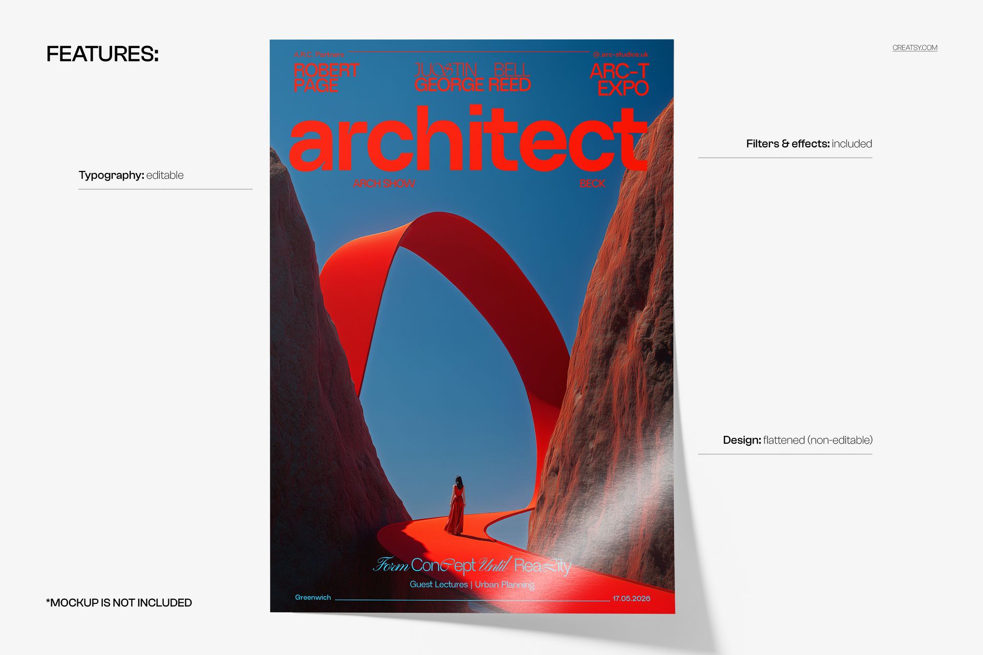 Poster mockup featuring a surreal orange path looping between two rocky cliffs with a person standing below, front view.