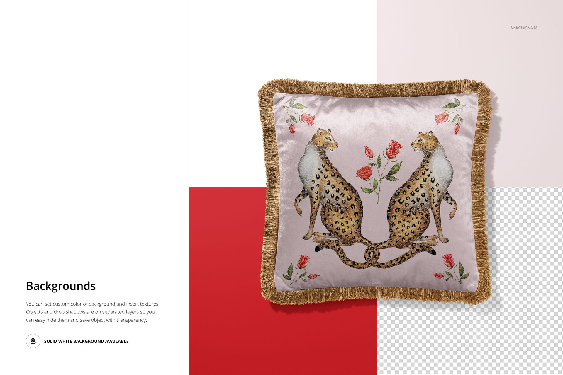 Fringed velvet cushion mockup shown in top view, decorated with two cheetahs and pink flowers on a light background.