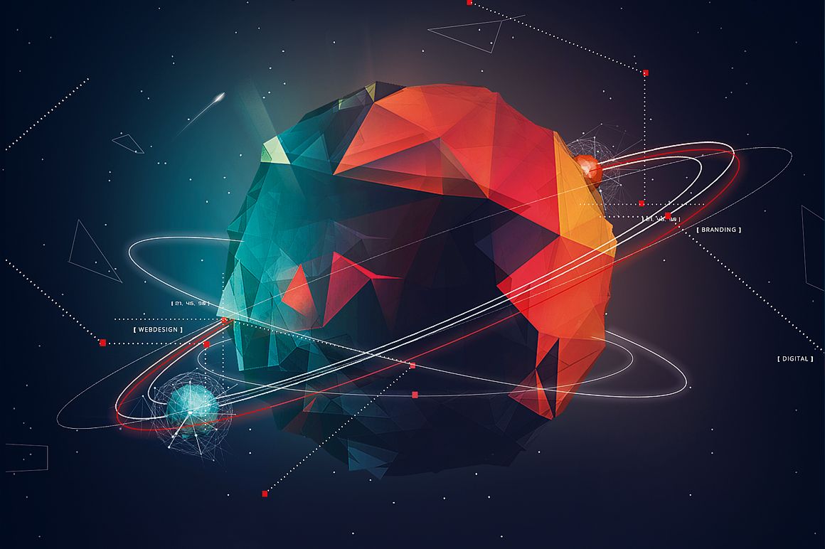 Polygon Planet PSD mockup showing a faceted planet with vibrant colors and rings, set against a starry space scene.