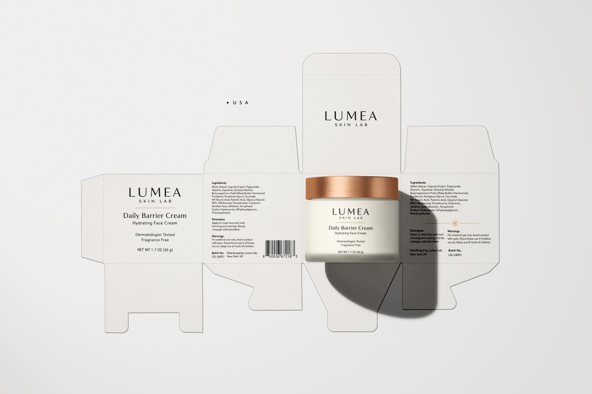 US skincare cream packaging mockup with NET WT statement, ingredient panel, distributor block, and UPC-style barcode