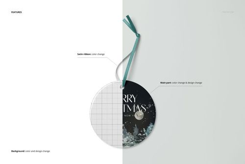 Round ceramic Christmas ornament mockup with green ribbon, split to show editable design and color options.