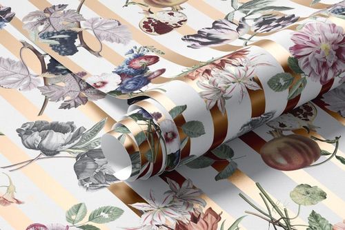 Floral paper wallpaper mockup with metallic gold stripes and botanical illustrations, displayed in a rolled format.