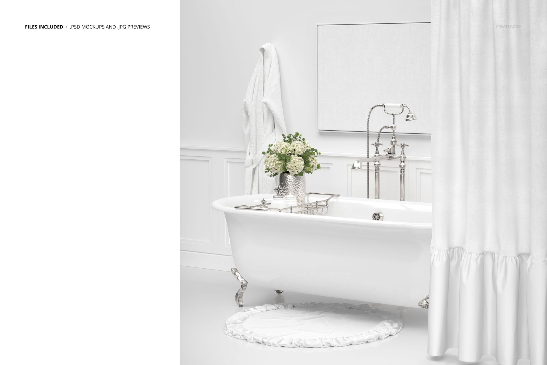 Elegant bathroom scene mockup featuring a white clawfoot bathtub, ruffled curtain, and floral arrangement on the tub edge.