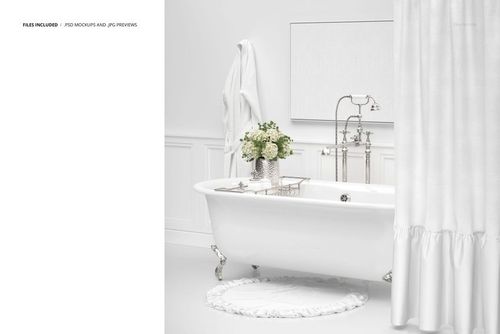 Elegant bathroom scene mockup featuring a white clawfoot bathtub, ruffled curtain, and floral arrangement on the tub edge.