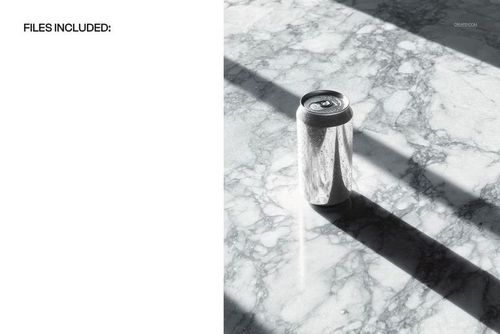 PSD mockup of a cold drink can sitting on a veined marble background, casting a long shadow in bright light.