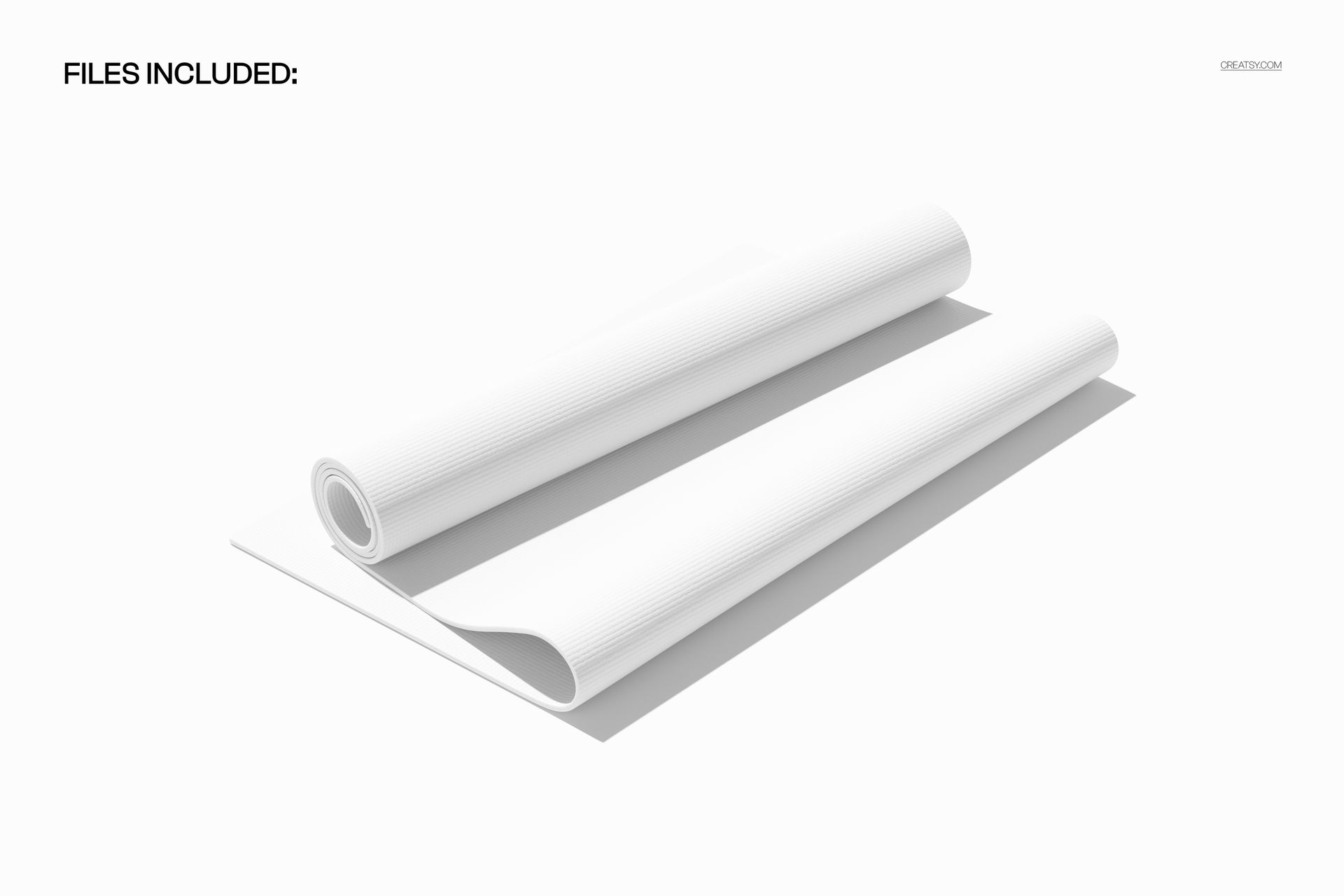 Rolled workout yoga mat mockup in white color, displayed on a flat surface with a minimal background, front angle.