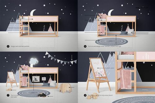 Kids bedroom mockup set featuring a wooden bunk bed, play area, and pastel decor against a navy wall with mountain graphics.